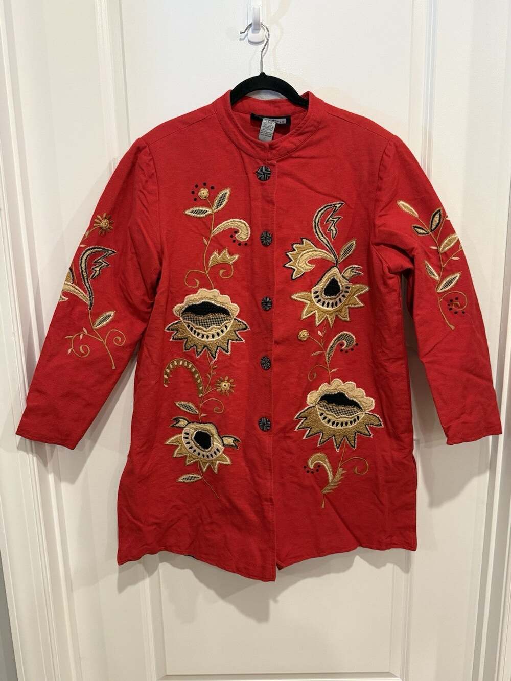 New INDIGO MOON Long Jacket Red Black Duster Coat Floral Appliqué Brown Tan Sz L